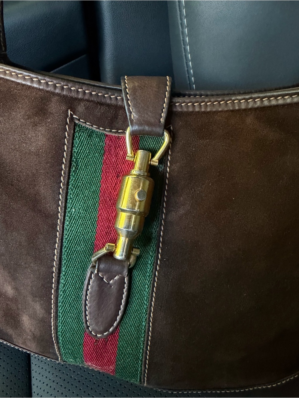 Rare Vintage Gucci Jackie Brown Suede Web Stripe Crossbody Bag - Picture 7 of 16